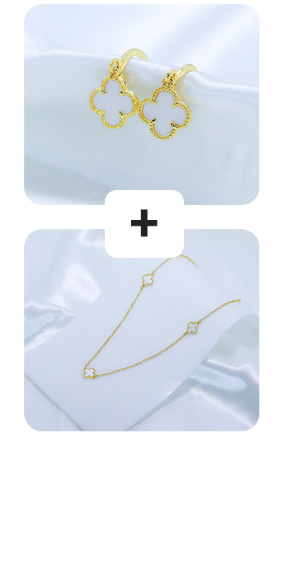 Kit Colar + Brinco Trevo Branco Argolinha