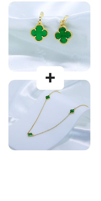 Kit Colar + Brinco Trevo Verde Argolinha