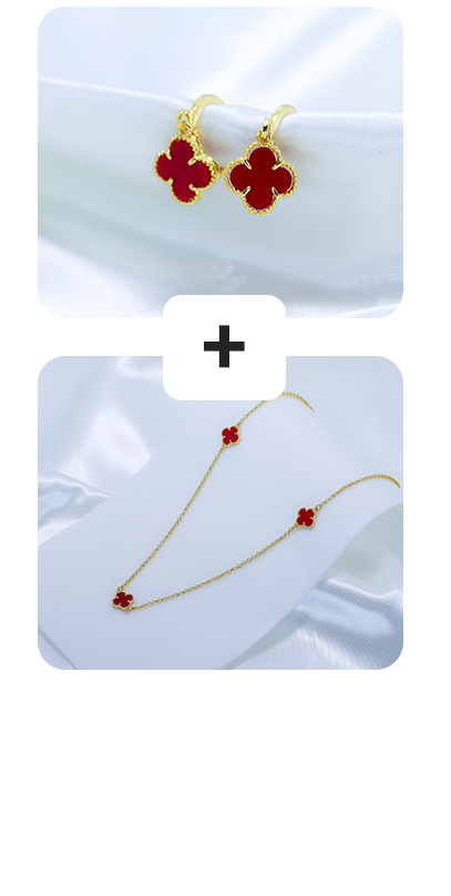 Kit Colar + Brinco Trevo Vermelho Argolinha